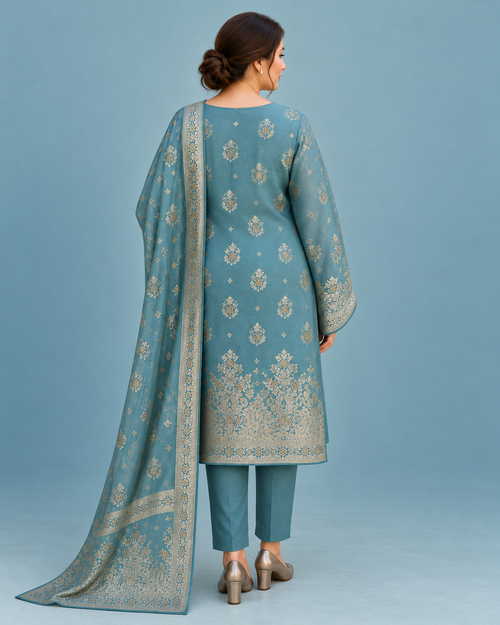 Libass-e-Sundas — Sea Green Banarsi Shalwar Kameez — back styling view
