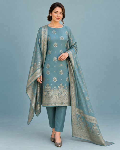 Libass-e-Sundas — Sea Green Banarsi Shalwar Kameez — front styling view