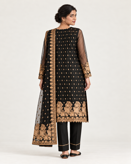 Libass-e-Sundas — Black and Gold Banarsi Bumper Chiffon — back styling view