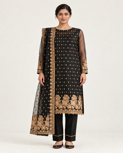 Libass-e-Sundas — Black and Gold Banarsi Bumper Chiffon — front styling view