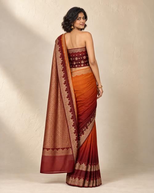 Libass-e-Sundas Banarsi Georgette Chiffon Booti Saree – Maroon & Rust — back pose, full outfit on plain background