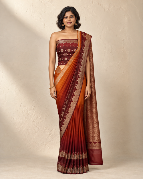 Libass-e-Sundas Banarsi Georgette Chiffon Booti Saree – Maroon & Rust — front pose, full outfit on plain background