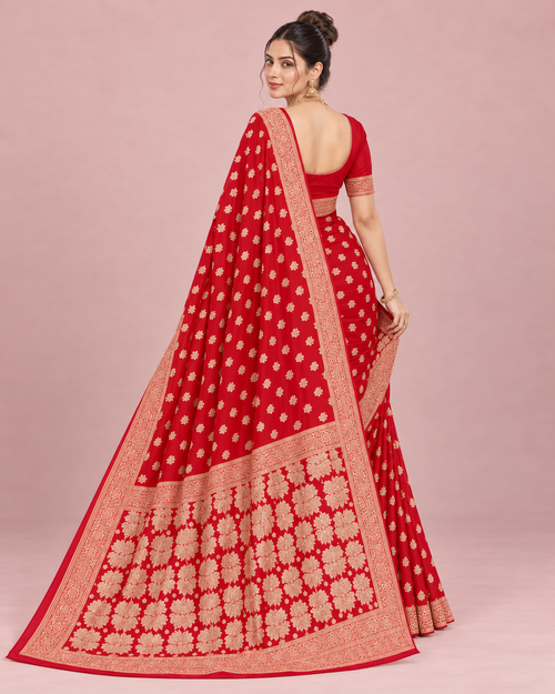 Libass-e-Sundas Banarsi Georgette Chiffon Booti Saree – Red — back pose, full outfit on plain background