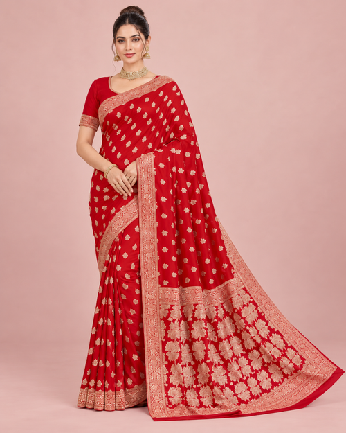 Libass-e-Sundas Banarsi Georgette Chiffon Booti Saree – Red — front pose, full outfit on plain background