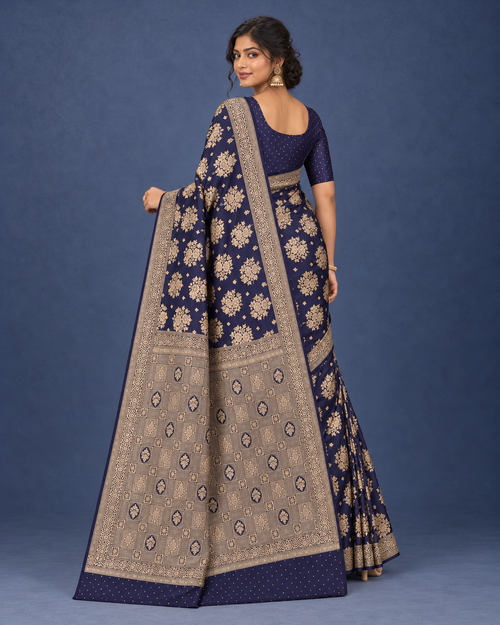 Libass-e-Sundas Banarsi Georgette Chiffon Booti Saree – Navy Blue — back pose, full outfit on plain background