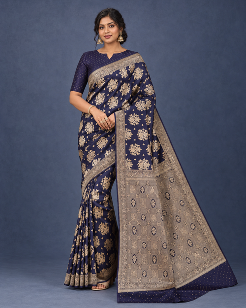 Libass-e-Sundas Banarsi Georgette Chiffon Booti Saree – Navy Blue — front pose, full outfit on plain background