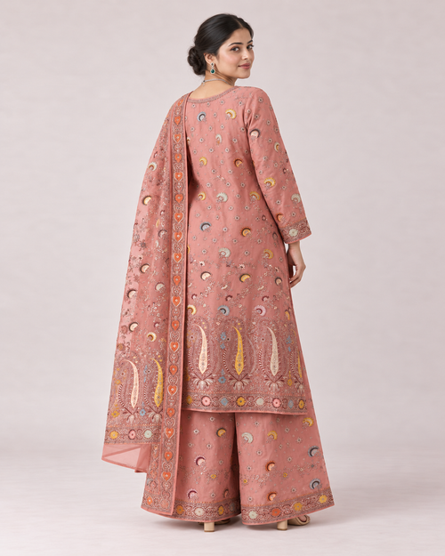 Libass-e-Sundas — Dusty Rose Meena Kari Banarsi Suit — back styling view