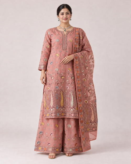 Libass-e-Sundas — Dusty Rose Meena Kari Banarsi Suit — front styling view