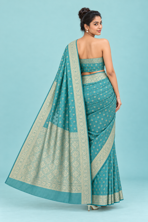 Libass-e-Sundas Aqua Turquoise Banarsi Booti Saree — back pose, full outfit on plain background