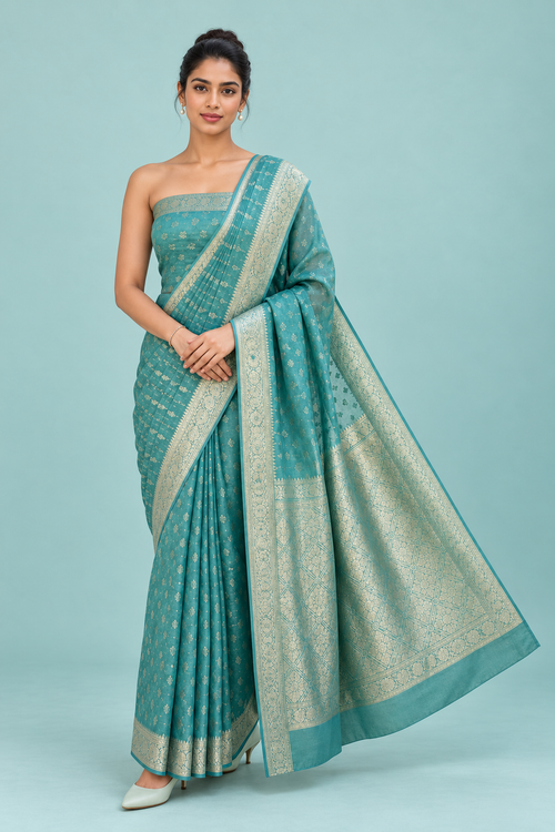 Libass-e-Sundas Aqua Turquoise Banarsi Booti Saree — front pose, full outfit on plain background