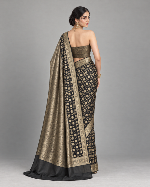 Banarsi Georgette Chiffon Booti Saree – Black & Antique Gold — back view | Libass-e-Sundas