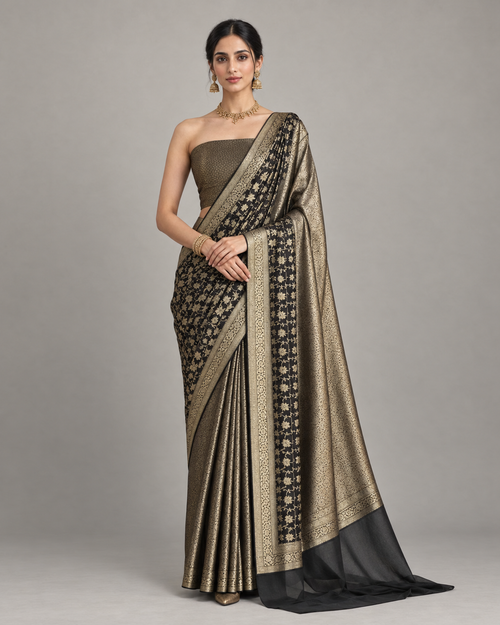 Banarsi Georgette Chiffon Booti Saree – Black & Antique Gold — front view | Libass-e-Sundas